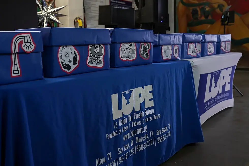 Ballot boxes at the LUPE meeting, where people vote for the issues they want the organization to focus on for the next two years. Credit: Verónica Gabriela Cárdenas for The Texas Tribune