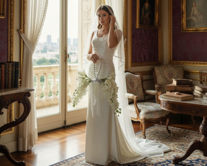 Miniatura: Bride holding Lysandra delphinium and calla lily bouquet bag during wedding photoshoot