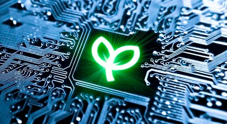 Uma placa de circuitos com um icone de muda brilante ao centro