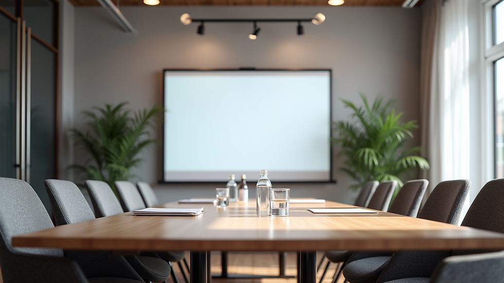 Eye-level view of a modern conference room set up for a marketing workshop