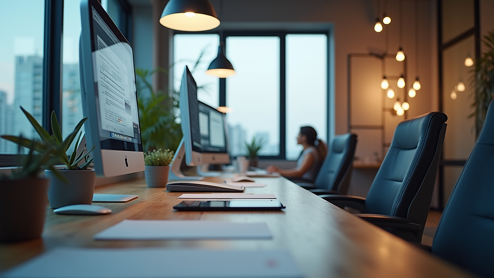 Eye-level view of a modern office workspace with digital marketing tools