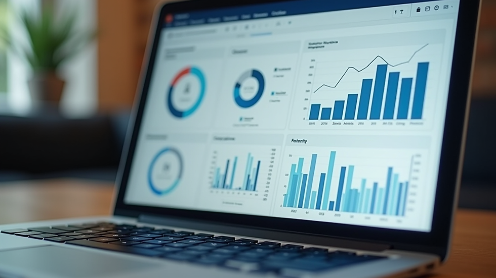 Close-up view of a laptop screen showing marketing analytics dashboard with charts and graphs