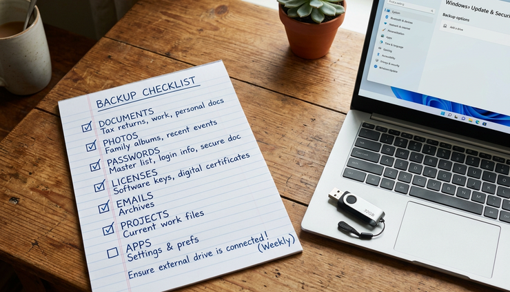 Overhead view of handwritten backup checklist beside a laptop and USB drive.