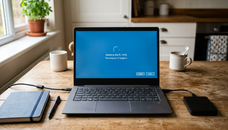 Eye-level view of a Windows laptop on a kitchen table showing the reset screen.