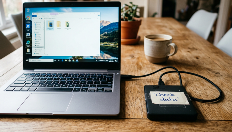 Close-up view of an external drive beside a laptop with a warning label attached.