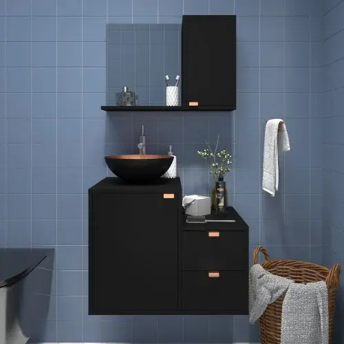Gabinete para Banheiro com Cuba Kit Completo Armário + Cuba + Espelheira Preto c