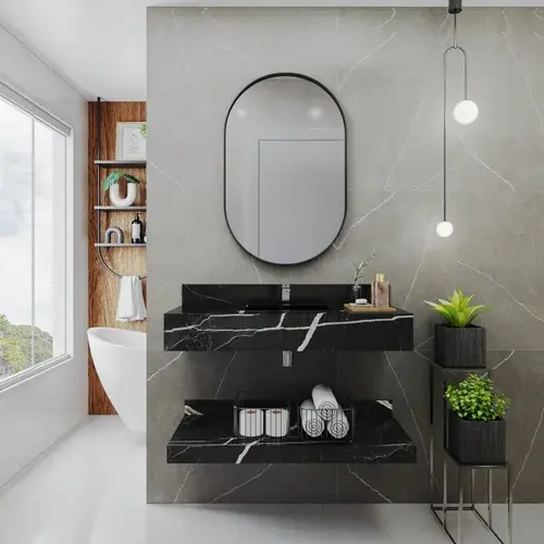 Bancada em Porcelanato para Banheiro 100cm Com Cuba PRETO Preto