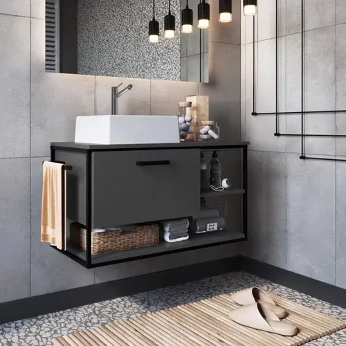 Gabinete Suspenso para Banheiro 80cm com Cuba Preto/Grafite