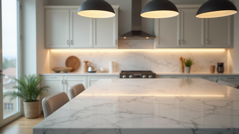 Close-up view of a transitional kitchen island with pendant lighting and shaker cabinets