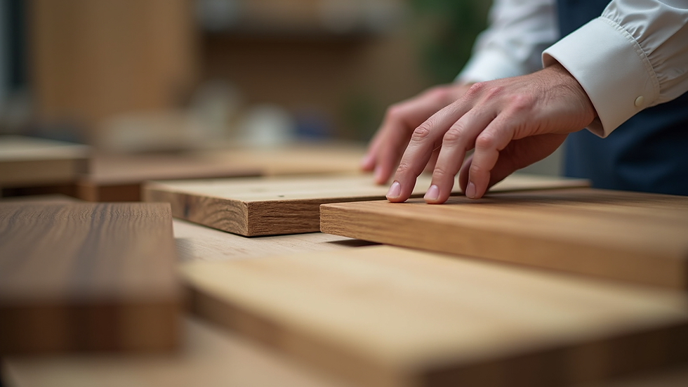 Close-up view of a designer's hand selecting wood samples for custom cabinets