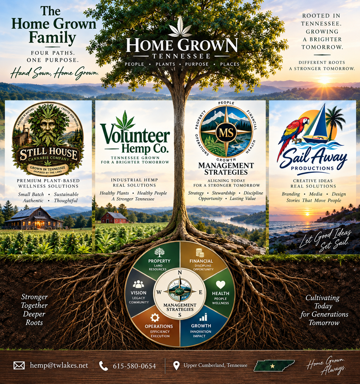 The Home Grown Family tree showing Still House, Volunteer Hemp, Management Strategies and Sail Away Productions
