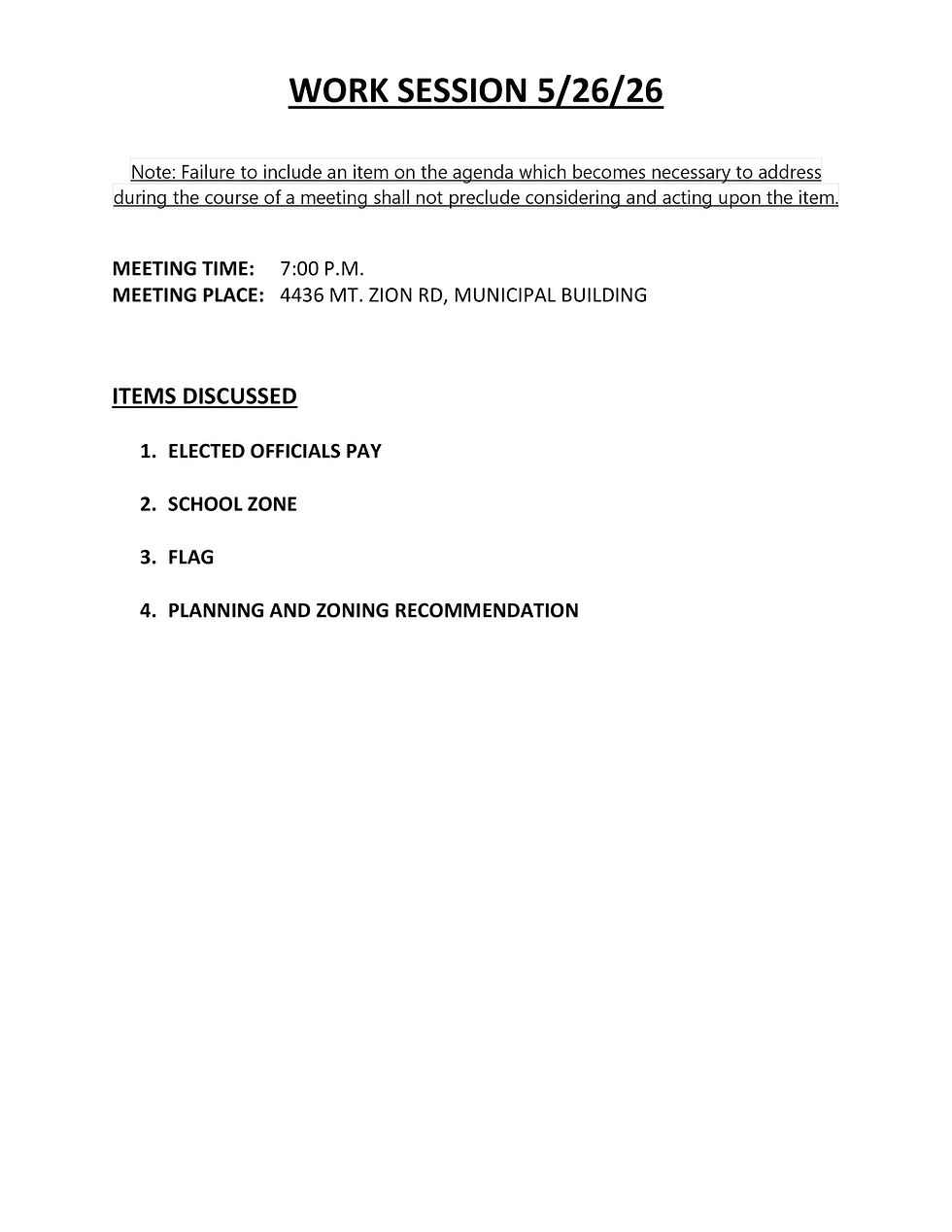WORK SESSION AGENDA FOR 05/26/26