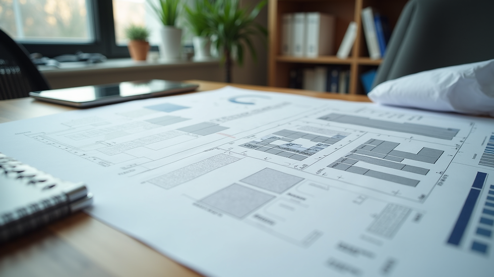 Eye-level view of a modern office layout plan on a desk