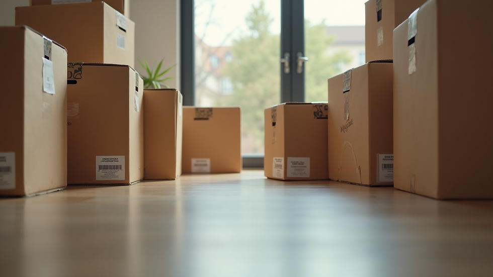 Eye-level view of packed moving boxes labeled and ready for transport