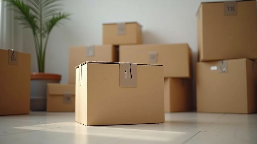 Eye-level view of neatly packed moving boxes labeled for storage