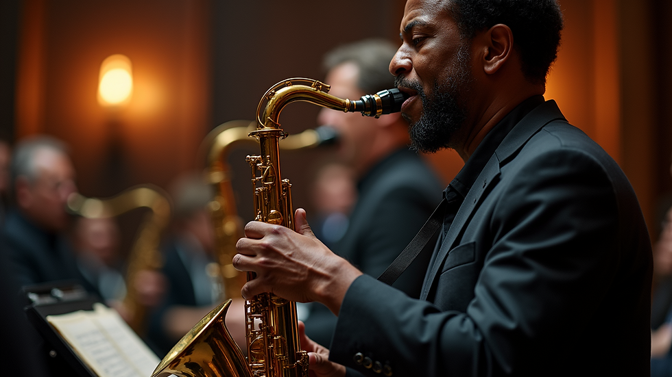 Eye-level view of a jazz musician playing the saxophone