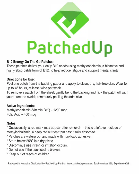 Thumbnail: PatchedUp B12 patch information sheet and directions.