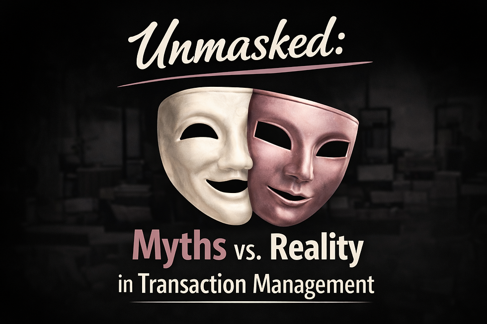 Dark, modern graphic featuring two theater masks—one cream and one muted rose—symbolizing contrast. The text reads “Unmasked: Myths vs. Reality in Transaction Management,” set against a blurred office-style background.