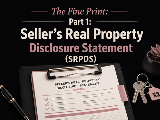 Graphic for “The Fine Print Part 1: Seller’s Real Property Disclosure Statement (SRPDS)” featuring a clipboard with a disclosure form, pen, house keys, and a small plant on a dark background.