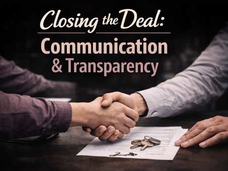 Professional real estate scene showing two people shaking hands over a contract with keys on the table. Text reads “Closing the Deal: Communication & Transparency” in cream and muted rose tones against a dark background.