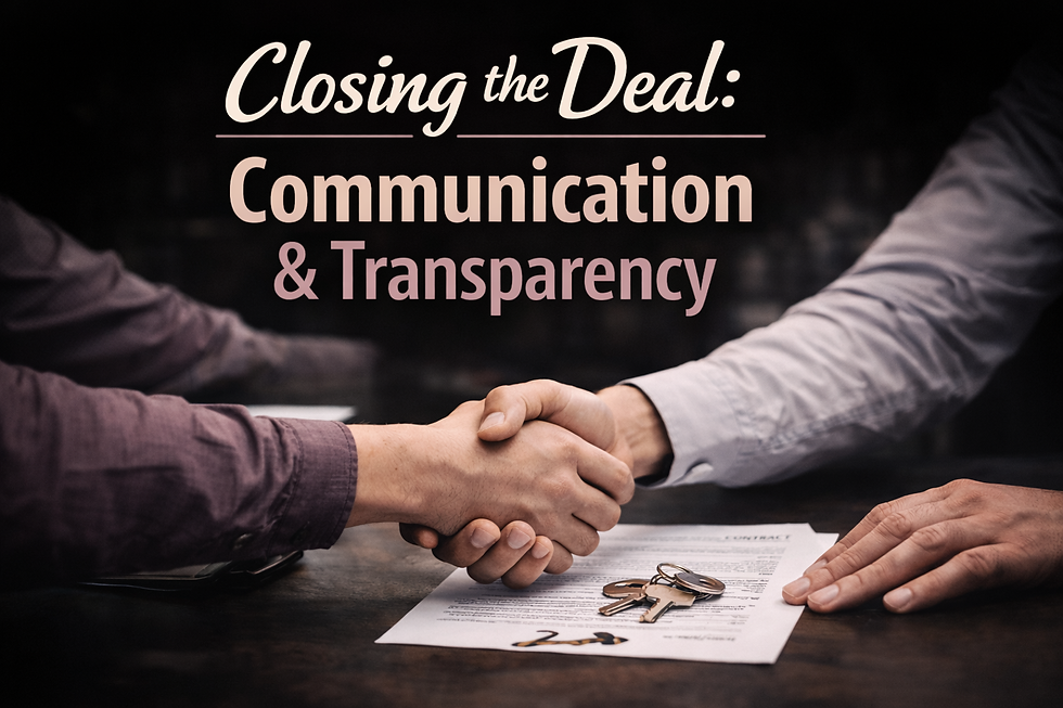 Professional real estate scene showing two people shaking hands over a contract with keys on the table. Text reads “Closing the Deal: Communication & Transparency” in cream and muted rose tones against a dark background.