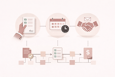 Visual representation of a professional real estate transaction management process, including document review, timeline tracking, and coordination.