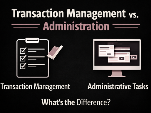 Modern infographic comparing “Transaction Management” and “Administrative Tasks” on a dark background, featuring a clipboard icon on one side and a computer monitor on the other, with clean, minimal design in muted rose and cream accents.