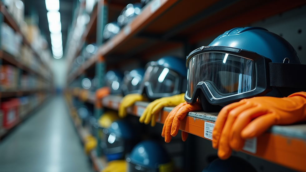 Close-up view of safety equipment including gloves and goggles on a shelf