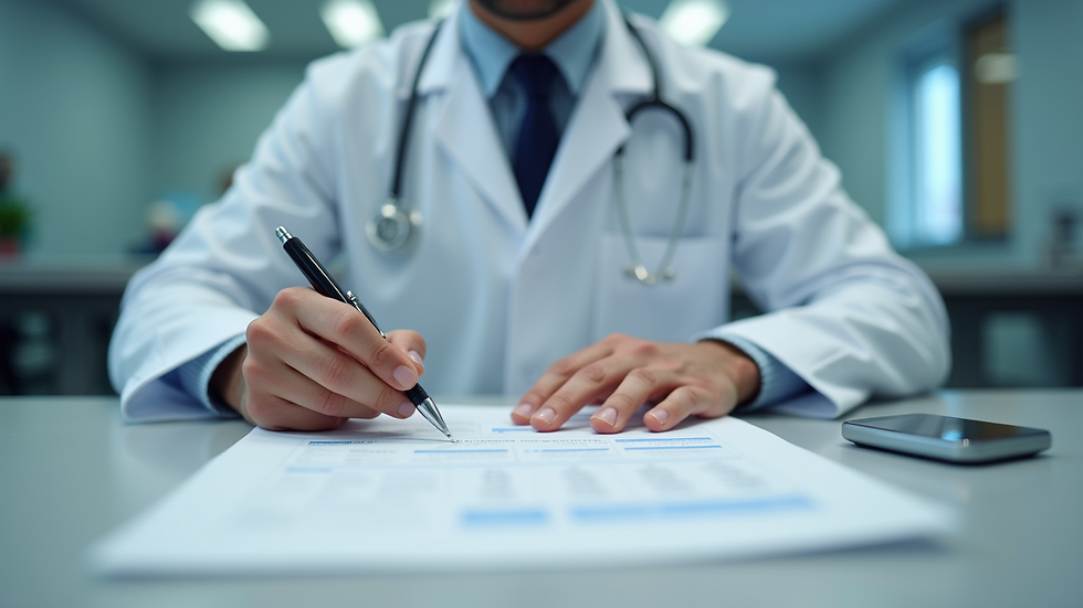 Close-up view of a consultant reviewing surgery center compliance documents