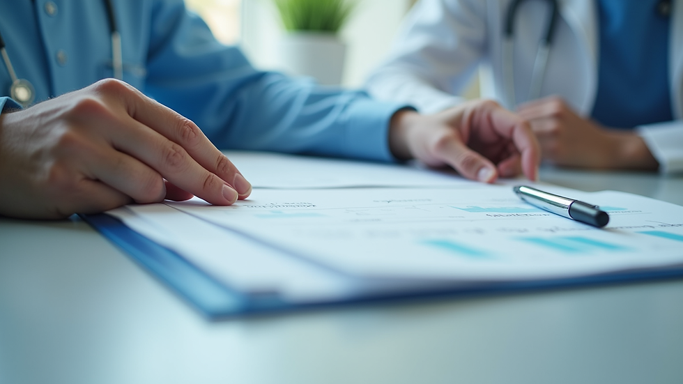 Close-up view of a healthcare professional reviewing compliance documents