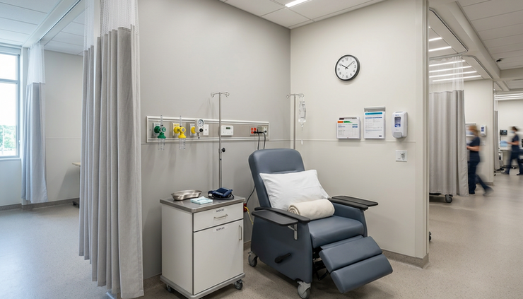 Eye-level view of a pre-op bay with privacy curtains, medical recliner, and wall-mounted care equipment