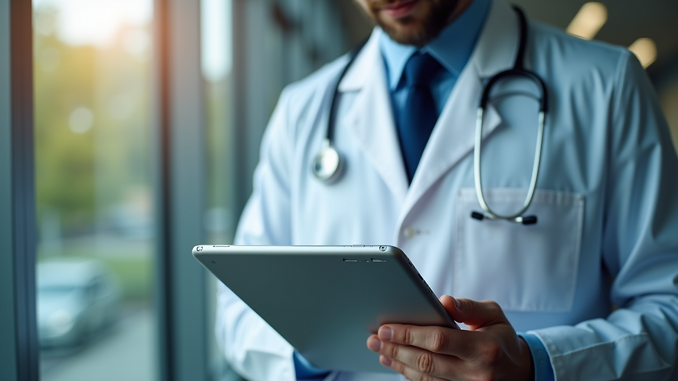 Close-up view of a healthcare professional reviewing patient records on a tablet
