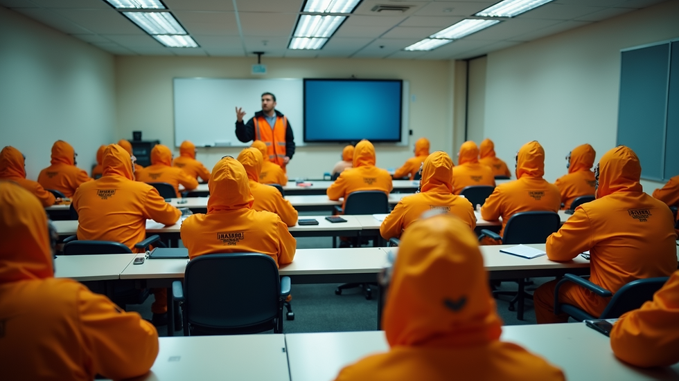 High angle view of a classroom setting with employees attending hazmat training