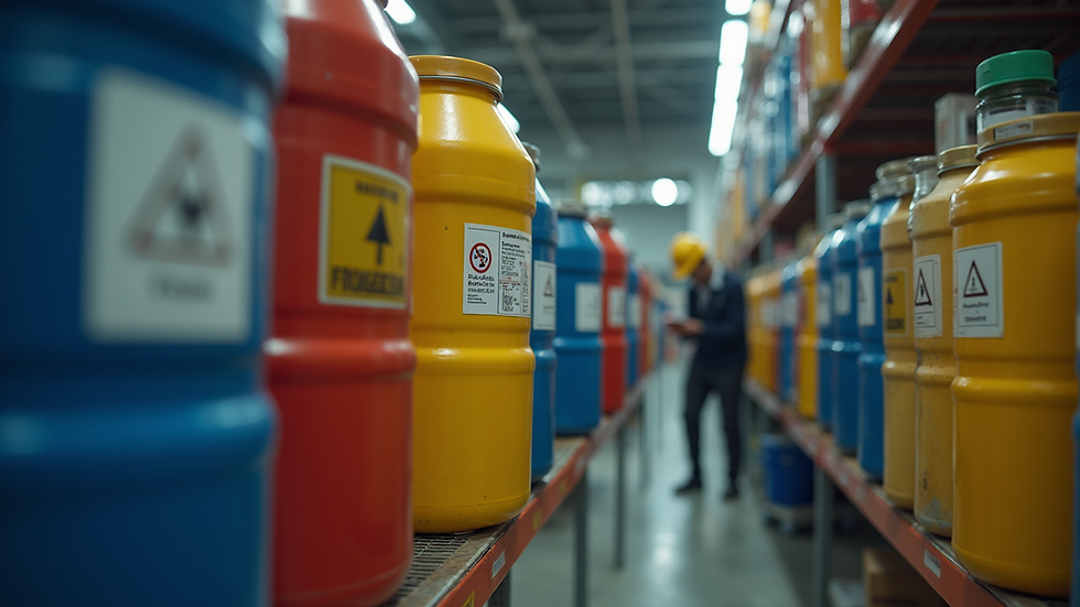 Eye-level view of a worker inspecting hazardous material labels on containers