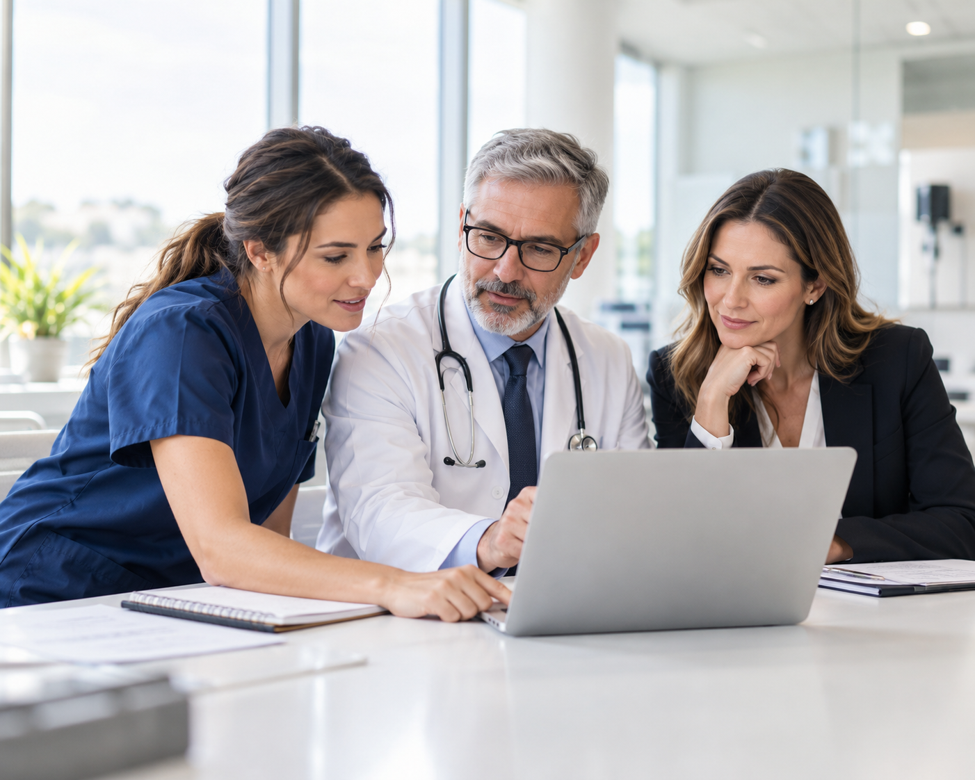 Healthcare professionals reviewing information together at a laptop