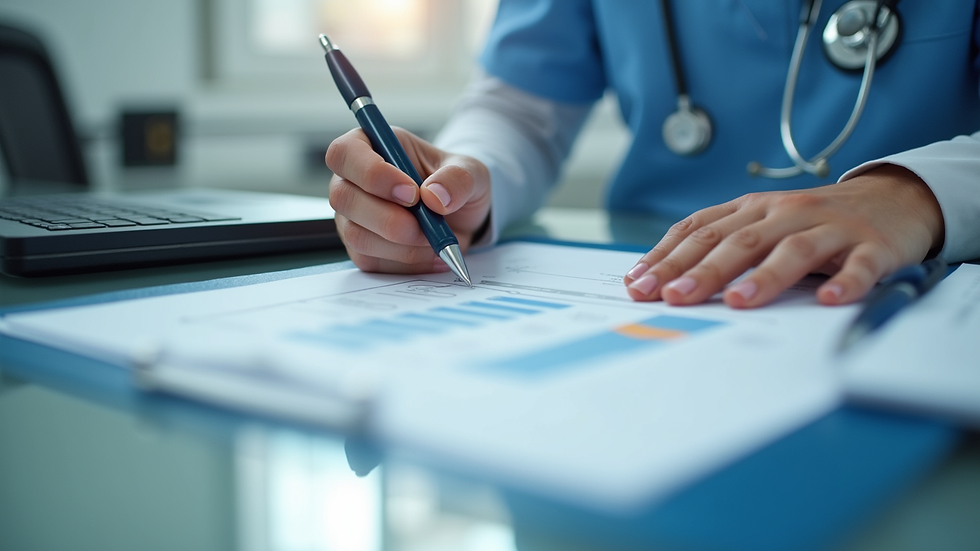 Eye-level view of a healthcare professional reviewing accreditation documents