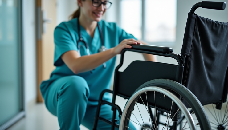 Close-up view of a medical equipment technician inspecting a wheelchair in a clinic