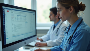 two doctors reading the computer screen at the same time