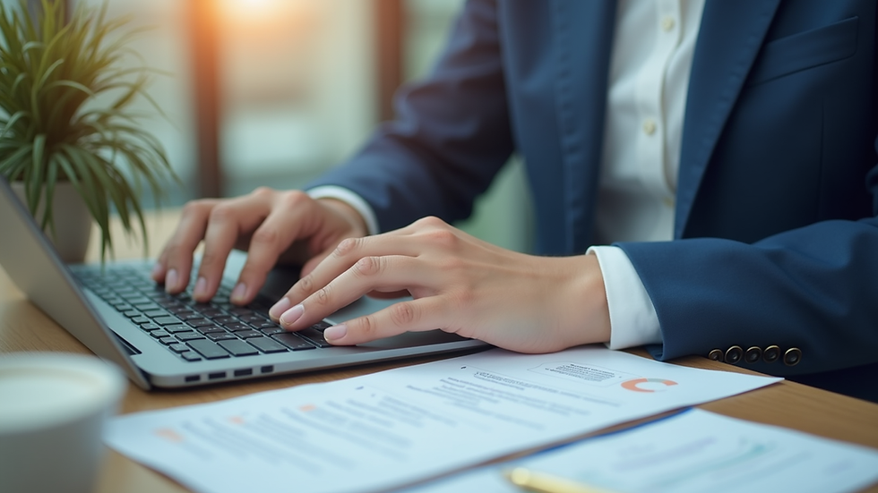 Close-up view of a consultant reviewing accreditation documents on a laptop