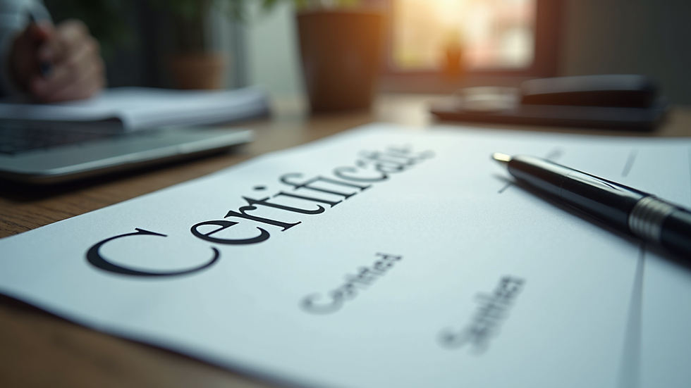 Eye-level view of a certification document on a desk