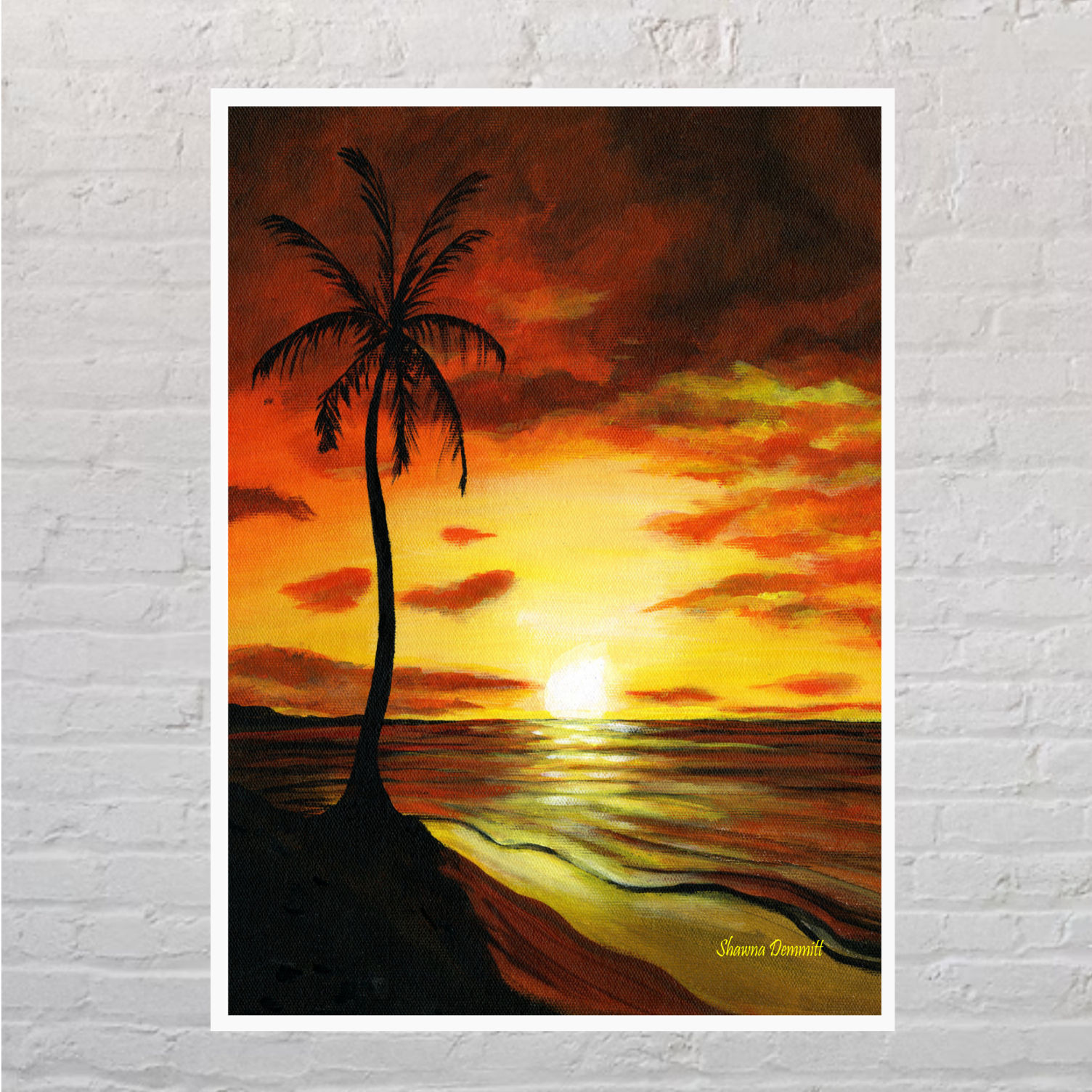 art print of palm tree on beach with sunset