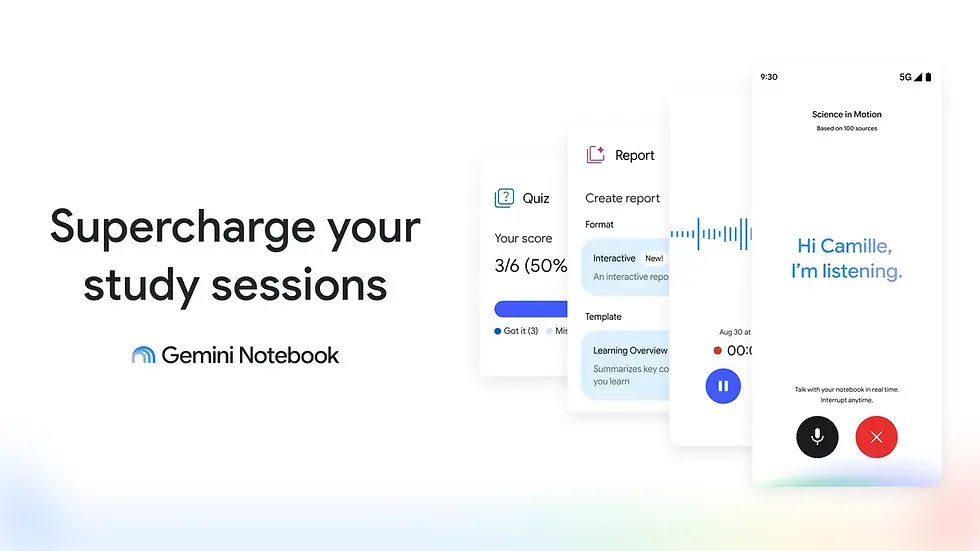 Google Gemini Notebook study tools displayed across multiple screens