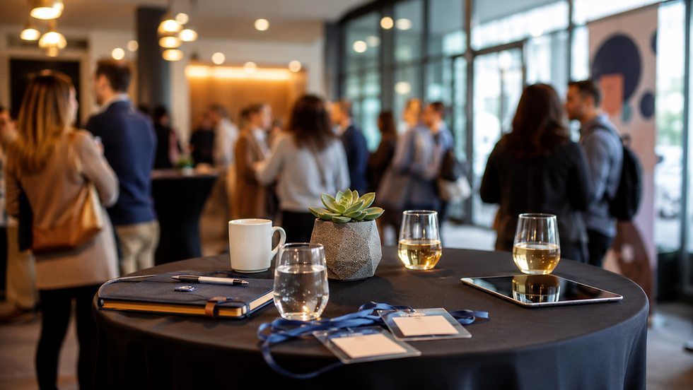 A relaxed professional networking gathering with drinks, notebooks and name badges.