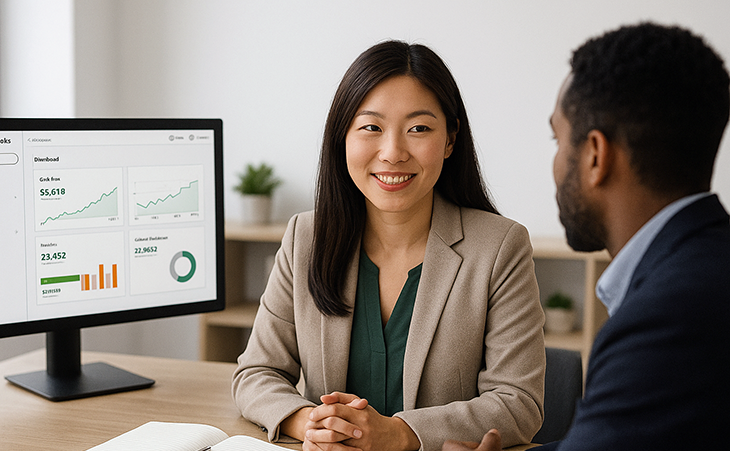 An accountant shows her client his financials on a computer screen.