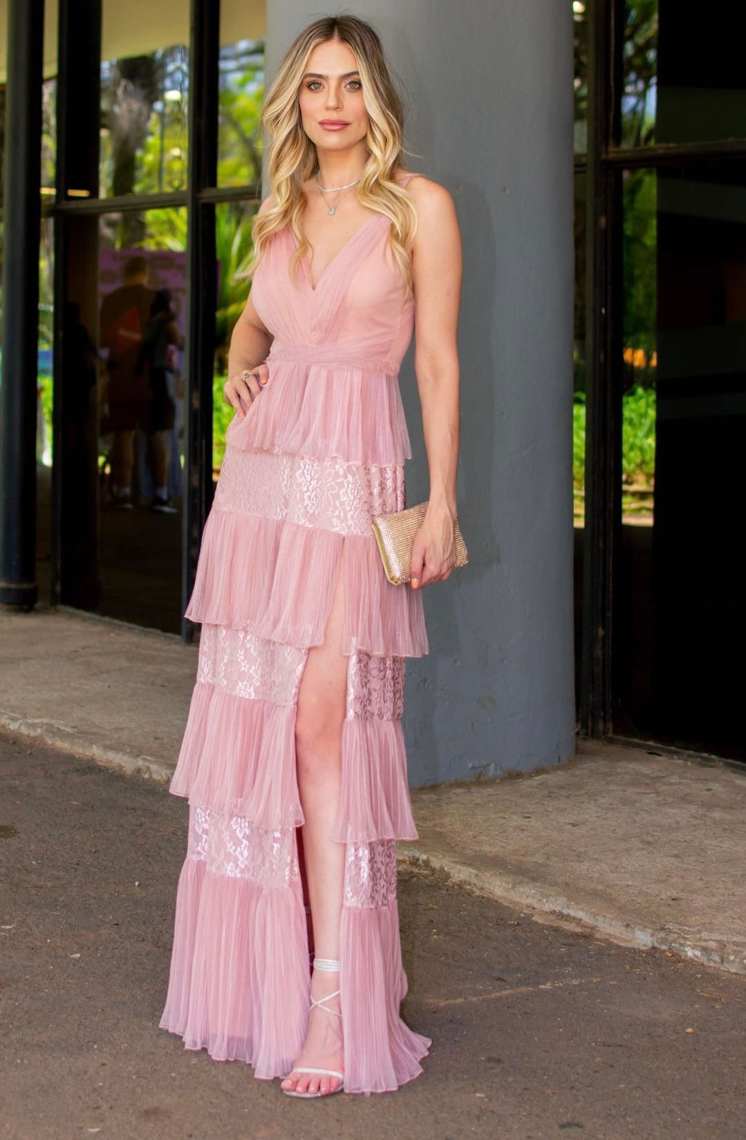 VESTIDO LONGO TULE/ RENDA - ROSÊ - 40