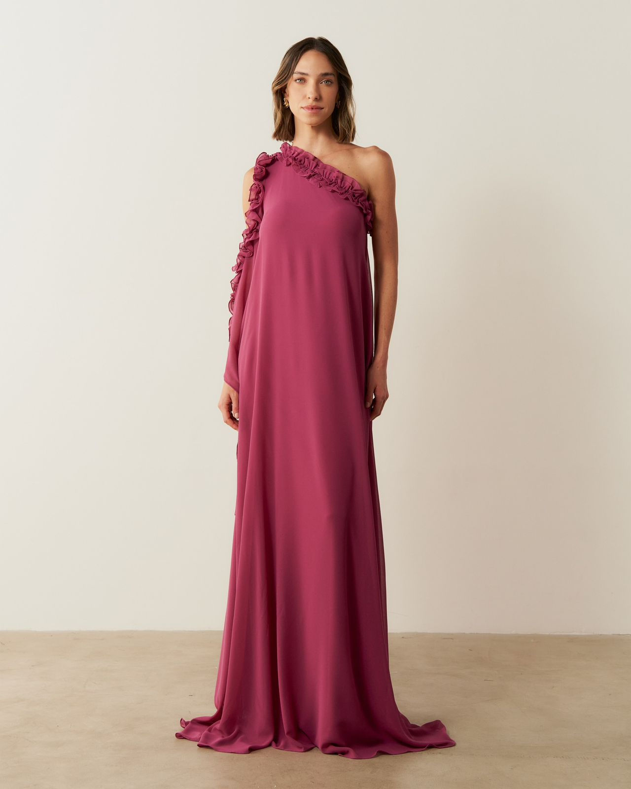 Vestido de Festa Longo Ombro Unico Manga Fluida e Babados - Milao Fucsia P