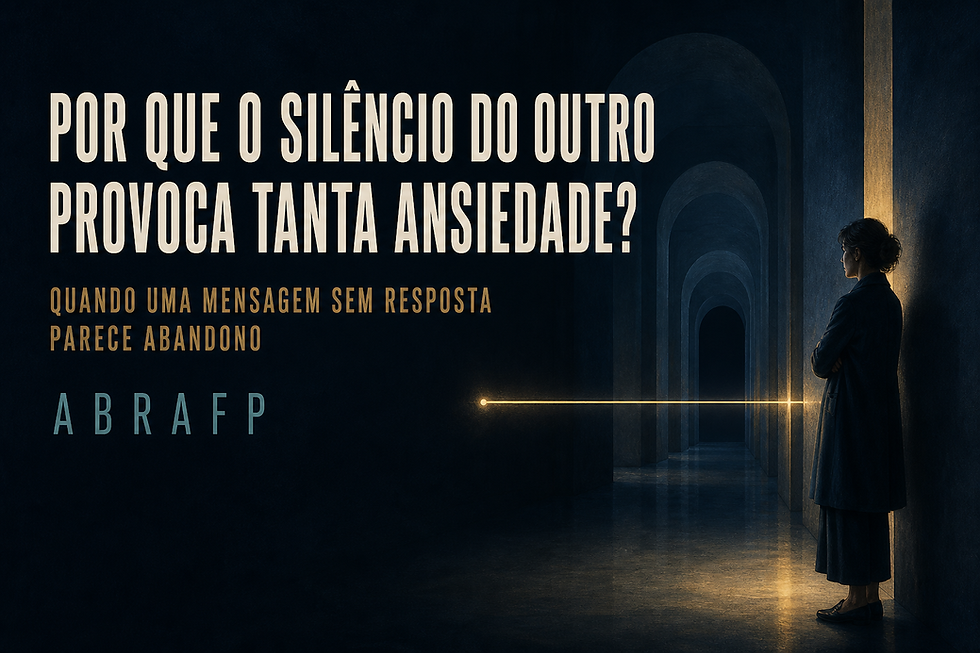 Pessoa aguarda diante de um corredor escuro enquanto uma linha dourada de comunicação é interrompida, simbolizando silêncio, ansiedade e medo de abandono.