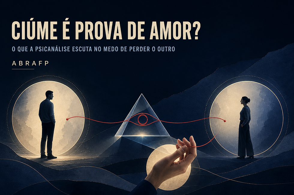Duas pessoas permanecem separadas enquanto um fio vermelho muda de vínculo para vigilância, representando ciúme, medo de perder e controle nos relacionamentos.