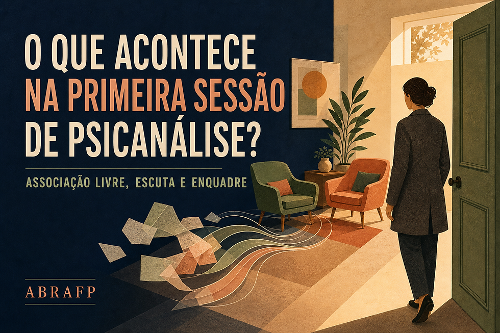 Pessoa entra em consultório com duas poltronas enquanto fragmentos se transformam em linhas, simbolizando primeira sessão de psicanálise, fala e escuta.