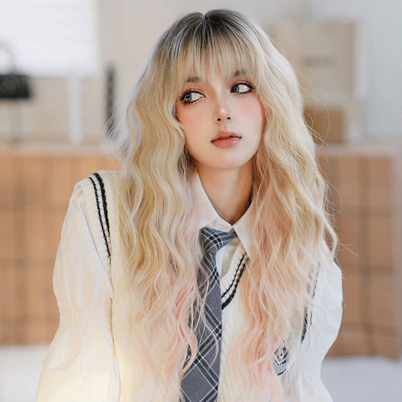 Thumbnail: J81 Pink Blonde Long Curly with Water Ripples Wig